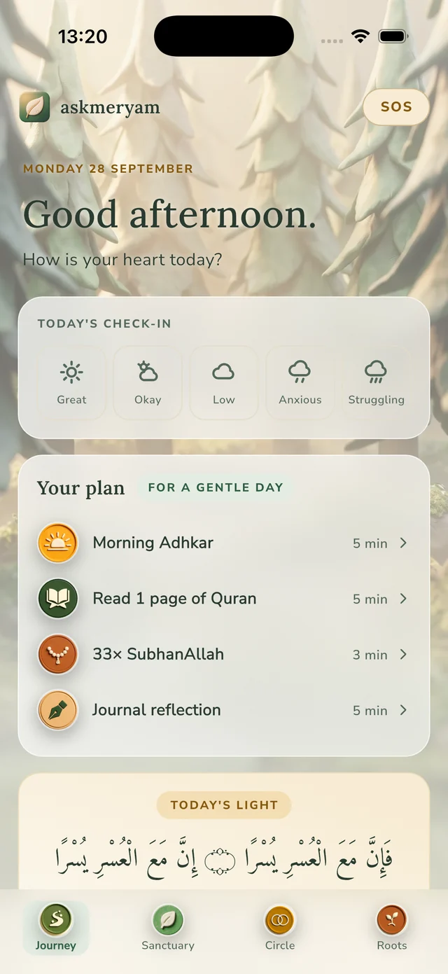 AskMeryam's home screen by day: 'Good morning. How is your heart today?' over a misty morning forest, with a plan for a gentle day