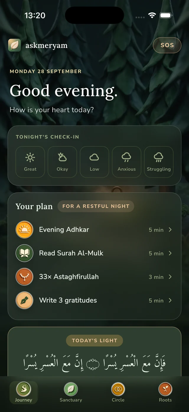 AskMeryam's home screen at night: 'Good evening. How is your heart today?' over a dark forest, with a plan for a restful night