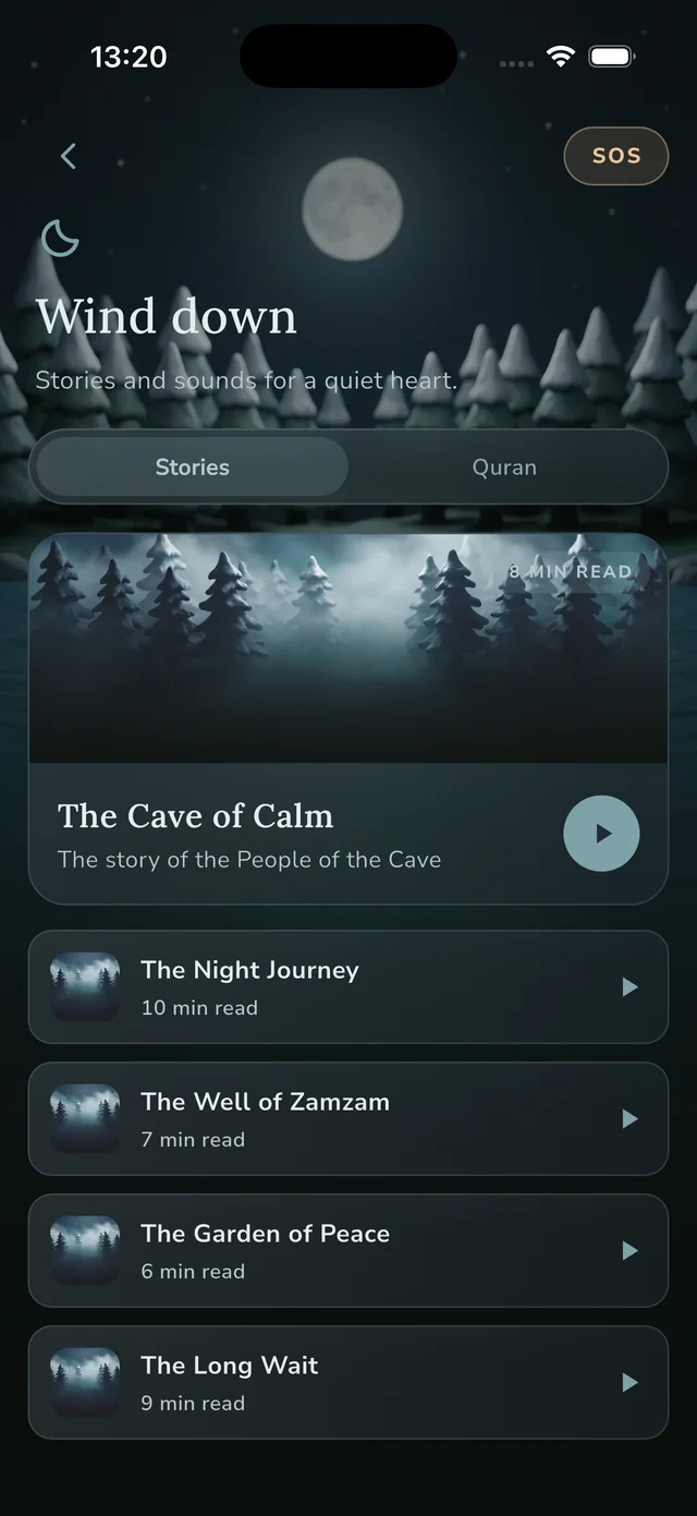 The AskMeryam Sleep screen: 'Wind down — stories and sounds for a quiet heart', with a list of narrated stories over moonlit pines